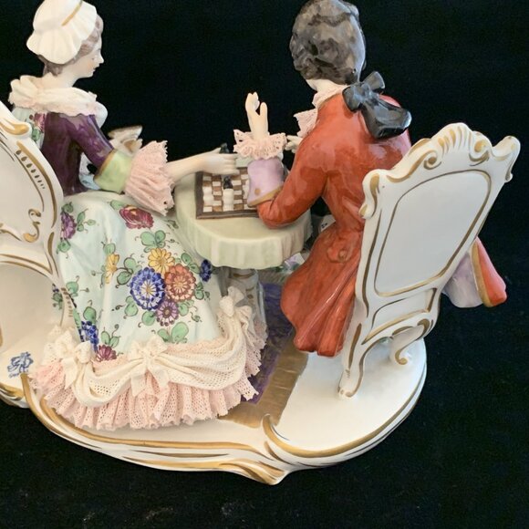Dresden Volkstedt Porcelain Lace Couple Playing Chess 10" Wide Antique Victorian - Picture 14 of 16